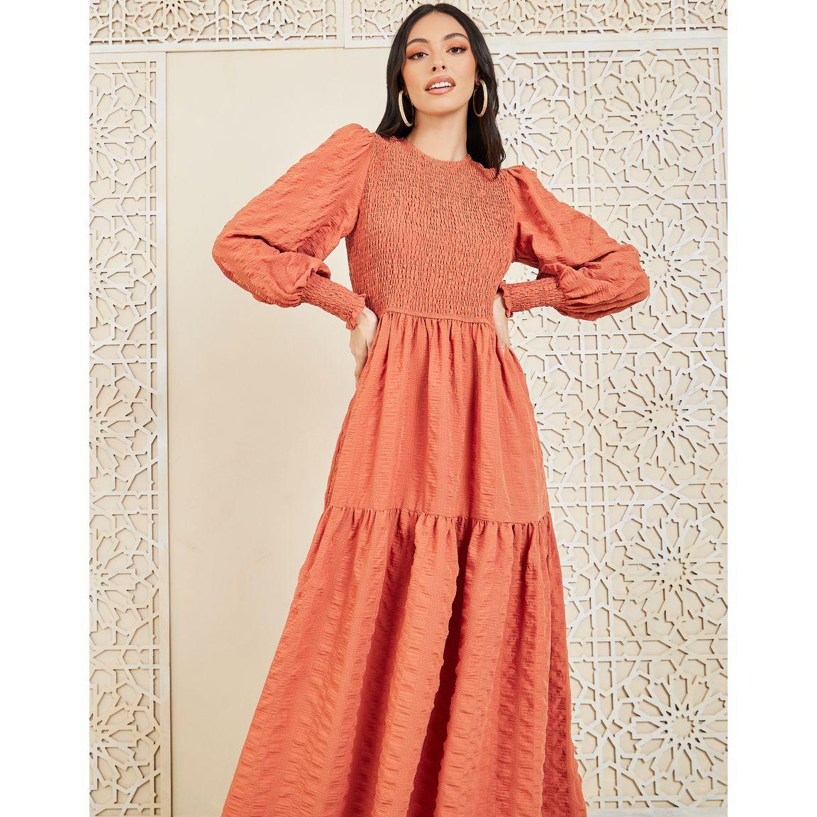 Styli Smocked Detail Cuff Sleeves A-Line Maxi Dress-women-clothing-dresses-image-2