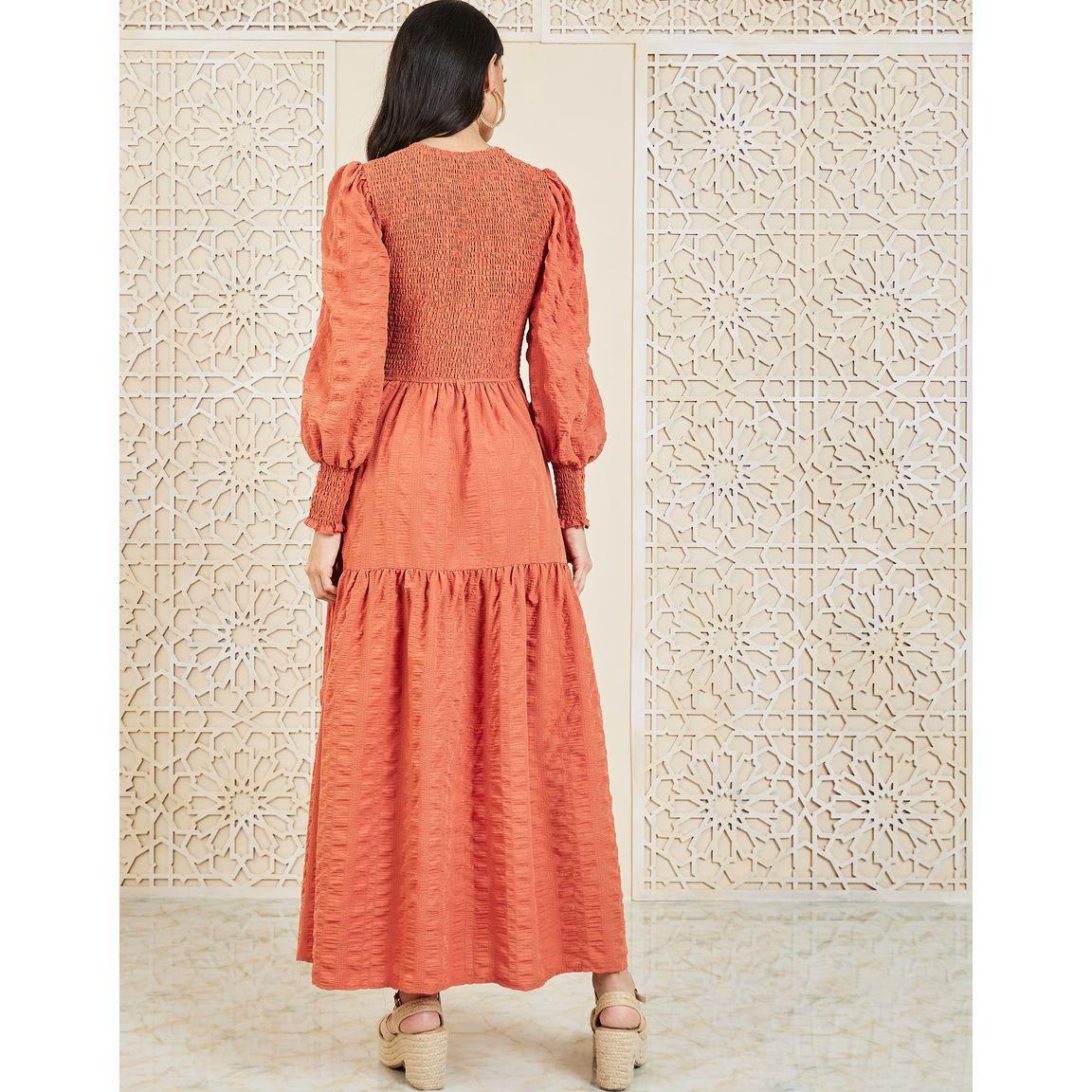 Styli Smocked Detail Cuff Sleeves A-Line Maxi Dress-women-clothing-dresses-image-4
