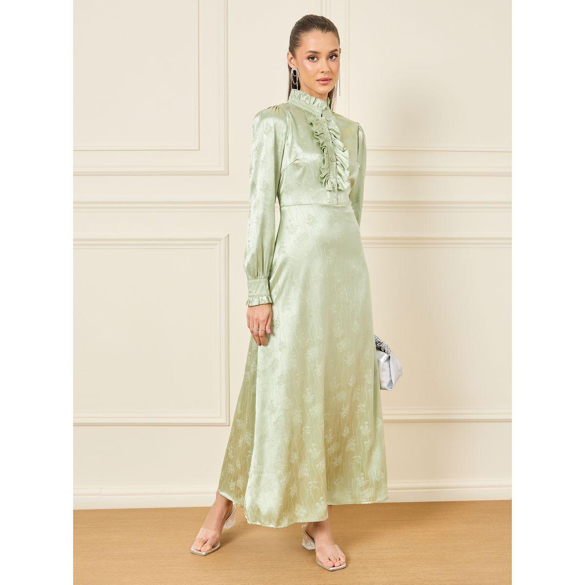 Styli Satin Jacquard Print Ruffle Detail High Neck A-Line Maxi Dress-women-clothing-dresses-image-1