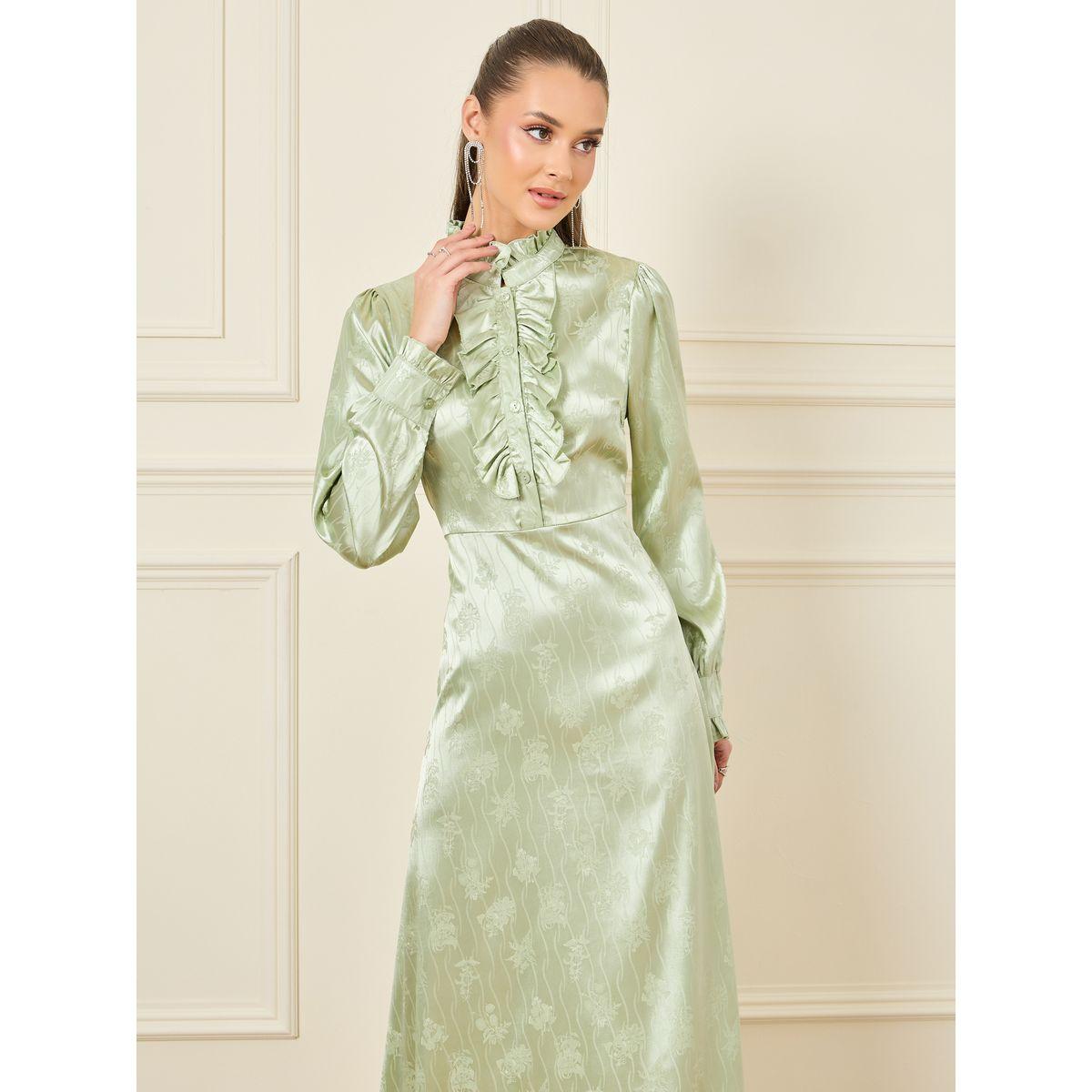 Styli Satin Jacquard Print Ruffle Detail High Neck A-Line Maxi Dress-women-clothing-dresses-image-2