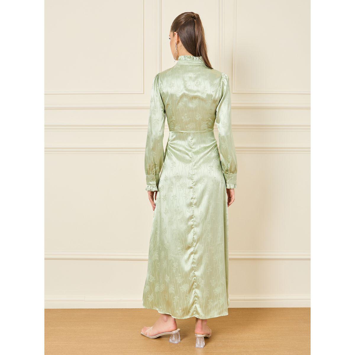Styli Satin Jacquard Print Ruffle Detail High Neck A-Line Maxi Dress-women-clothing-dresses-image-4