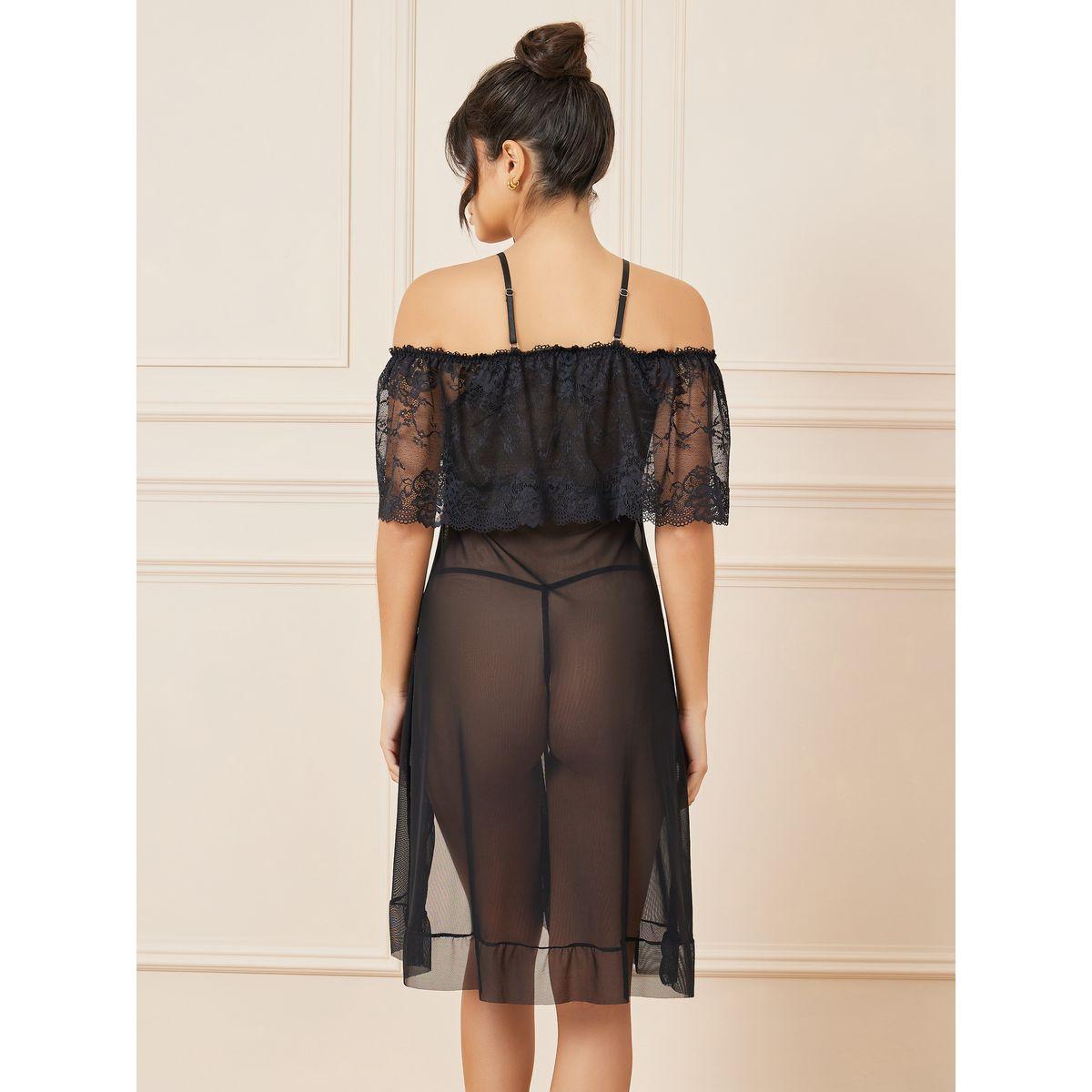 Styli Cold Shoulder Lace Overlay Mesh Side Slit Babydoll with Thong-women-clothing-lingerie-babydollsandbodysuits-image-4