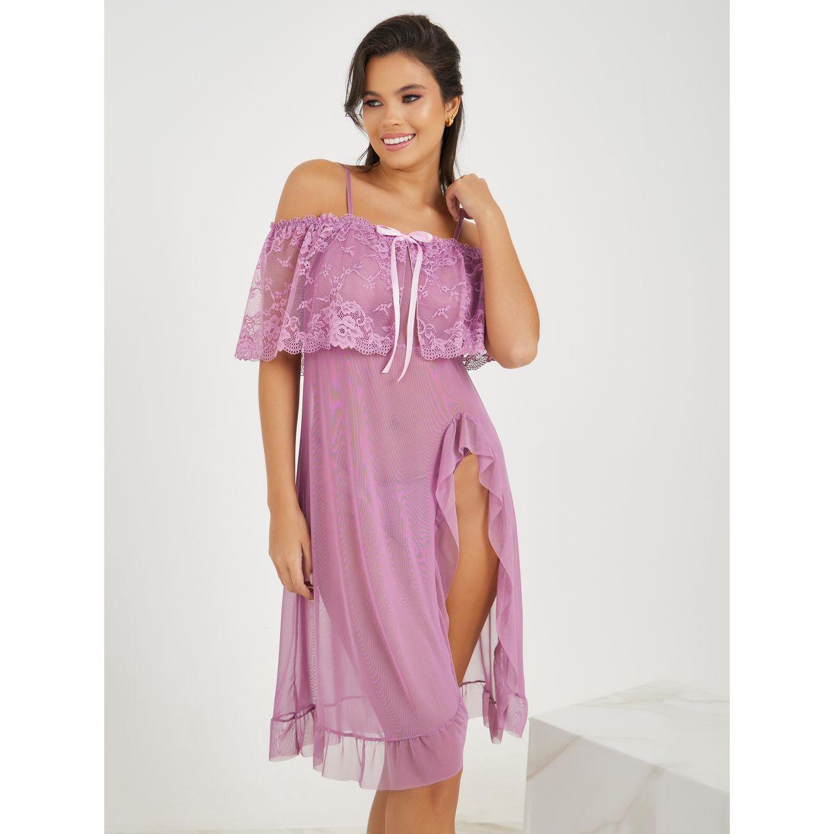 Styli Cold Shoulder Lace Overlay Mesh Side Slit Babydoll with Thong-women-clothing-lingerie-babydollsandbodysuits-image-1
