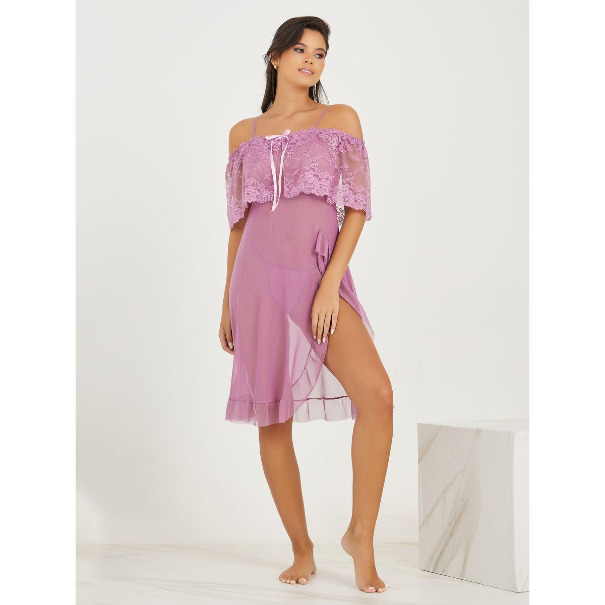 Styli Cold Shoulder Lace Overlay Mesh Side Slit Babydoll with Thong-women-clothing-lingerie-babydollsandbodysuits-image-2
