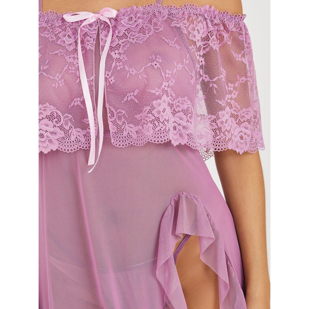 Styli Cold Shoulder Lace Overlay Mesh Side Slit Babydoll with Thong-women-clothing-lingerie-babydollsandbodysuits-image-3
