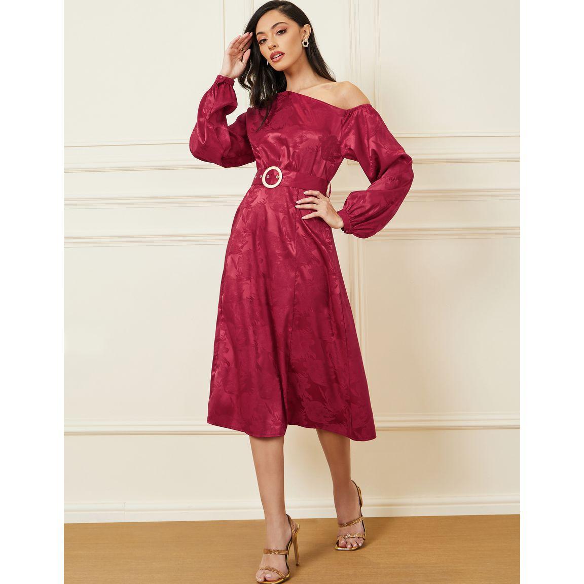 Styli Asymmetric Neck Jacquard A-Line Midi Dress-women-clothing-dresses-image-1