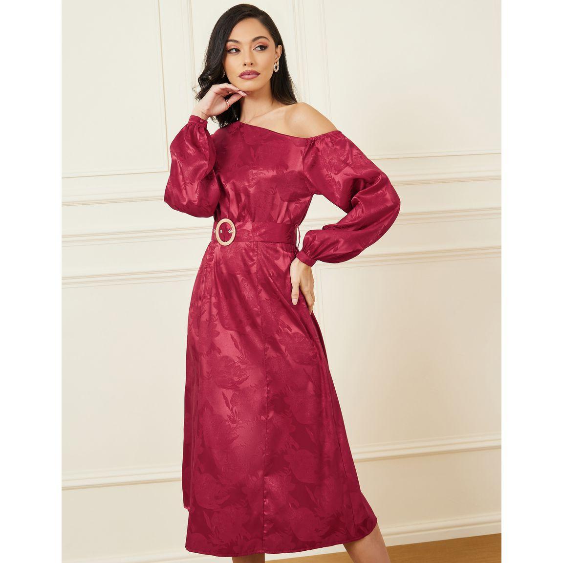 Styli Asymmetric Neck Jacquard A-Line Midi Dress-women-clothing-dresses-image-2