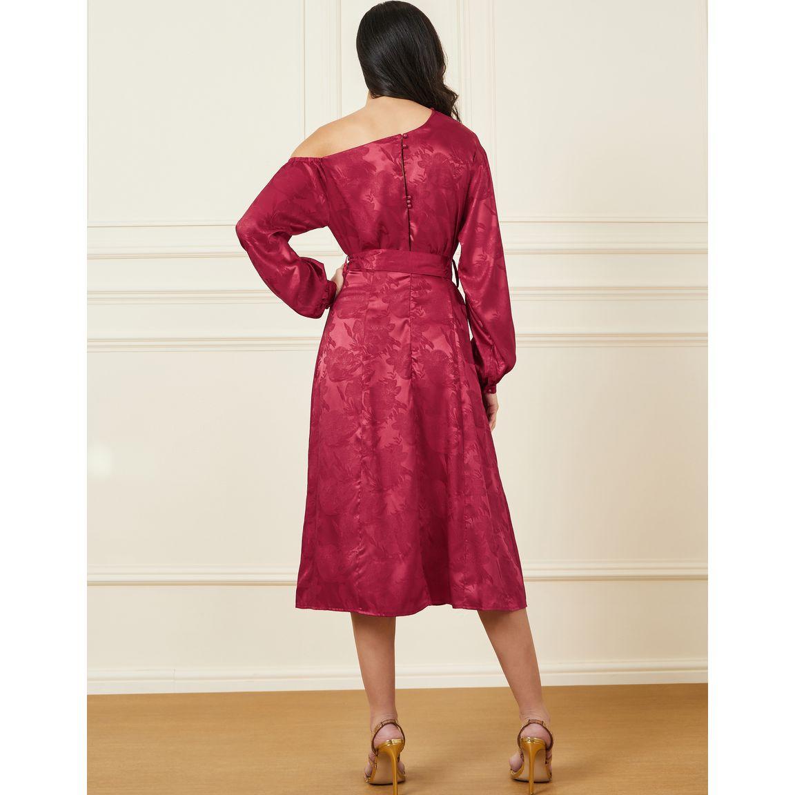 Styli Asymmetric Neck Jacquard A-Line Midi Dress-women-clothing-dresses-image-4