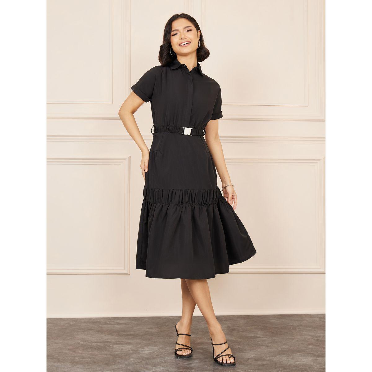 فستان ميدي بياقة مع كسرات وحزام-women-clothing-dresses-image-1