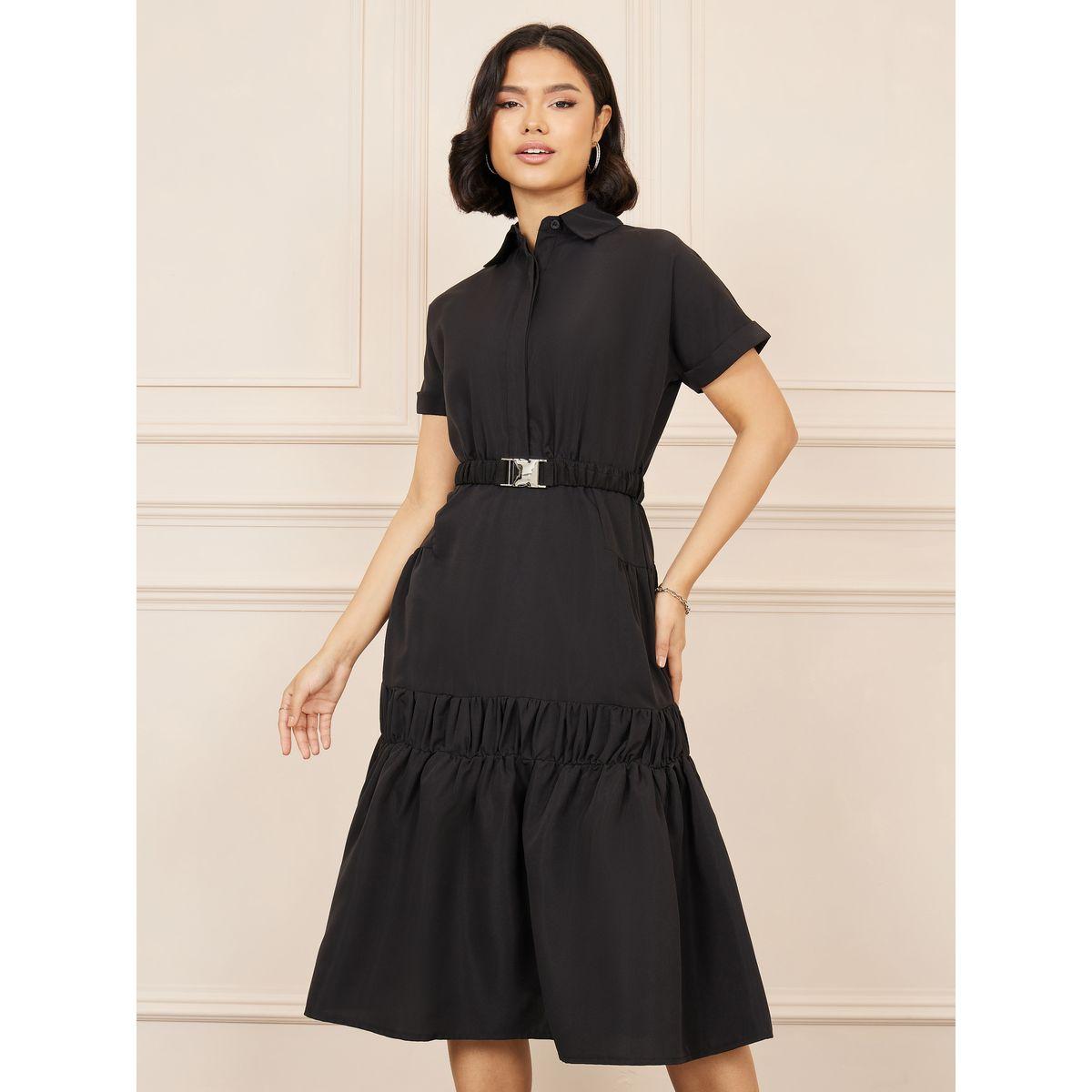 Styli Concealed Placket Collared Tiered Midi Dress with Gathered Belt-women-clothing-dresses-image-2