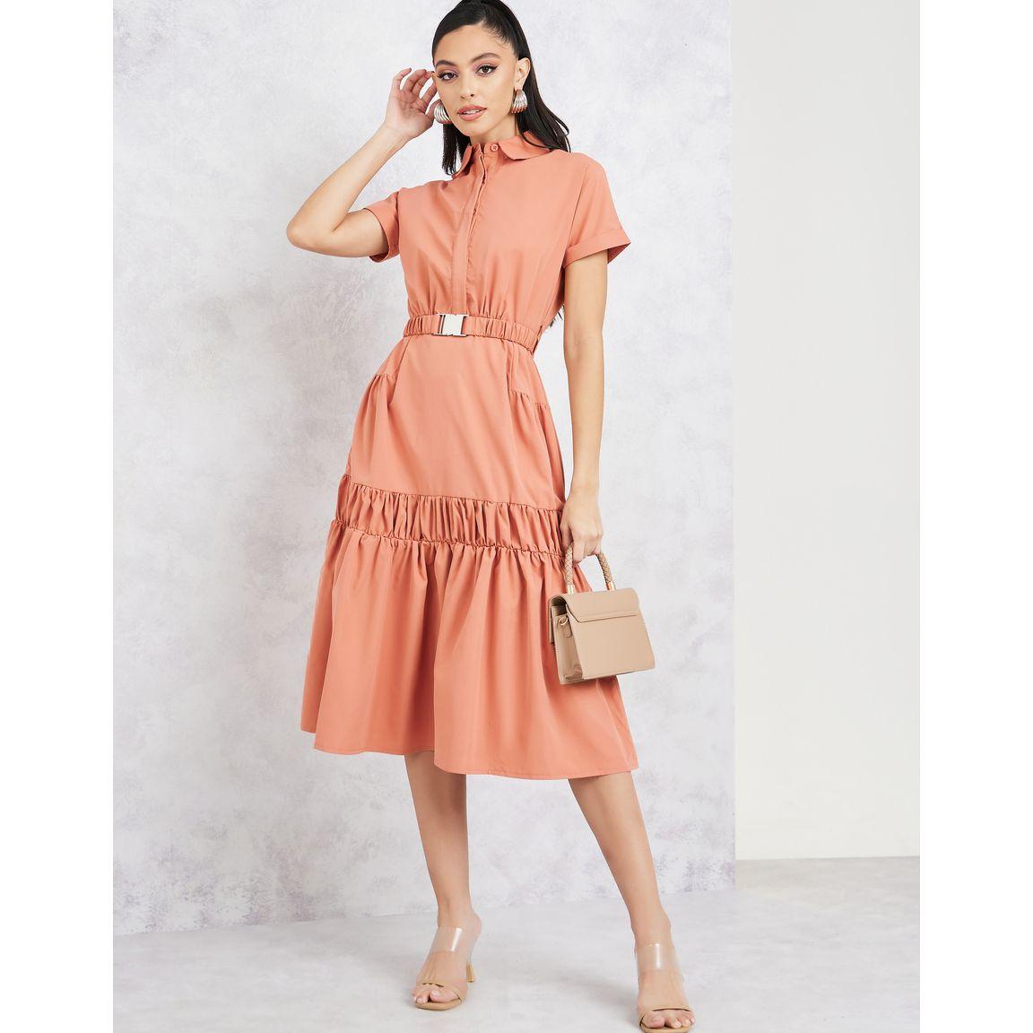 Styli Concealed Placket Collared Tiered Dress with Elasticated Belt-women-clothing-dresses-image-1
