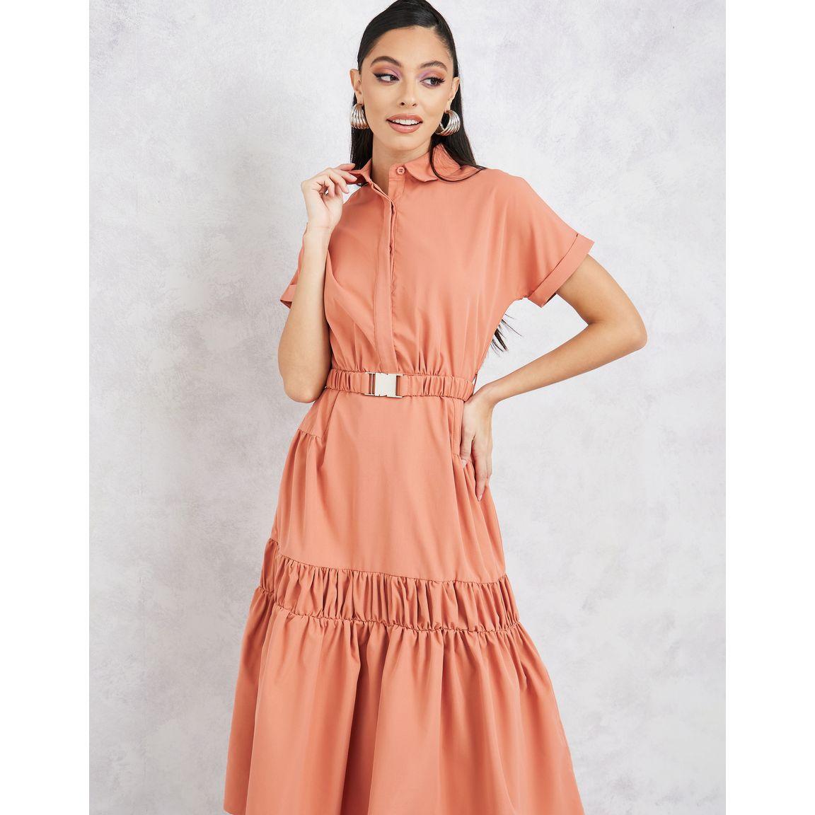 Styli Concealed Placket Collared Tiered Dress with Elasticated Belt-women-clothing-dresses-image-2