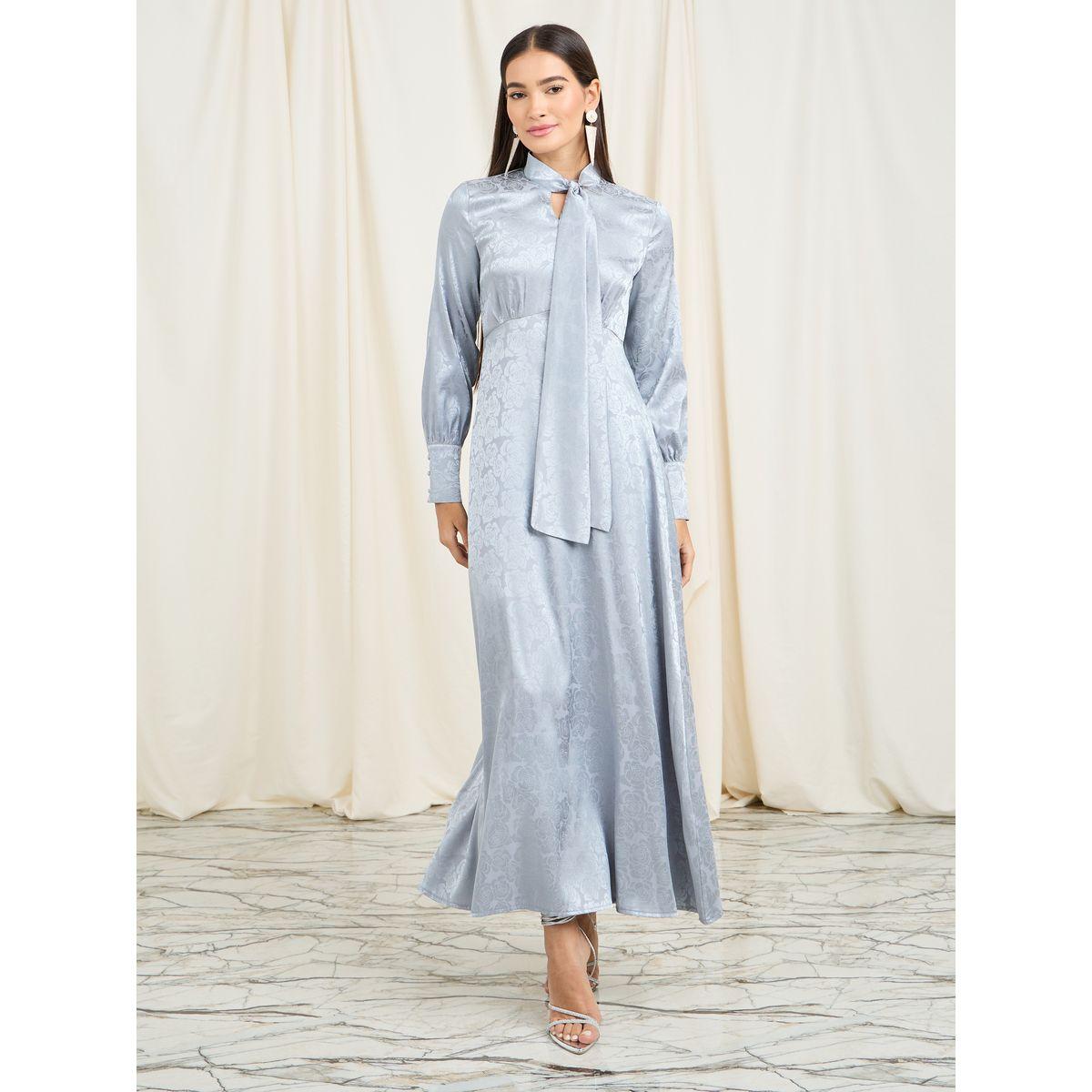 فستان طويل بطبعة جاكار وياقة بأربطة-women-clothing-dresses-image-1