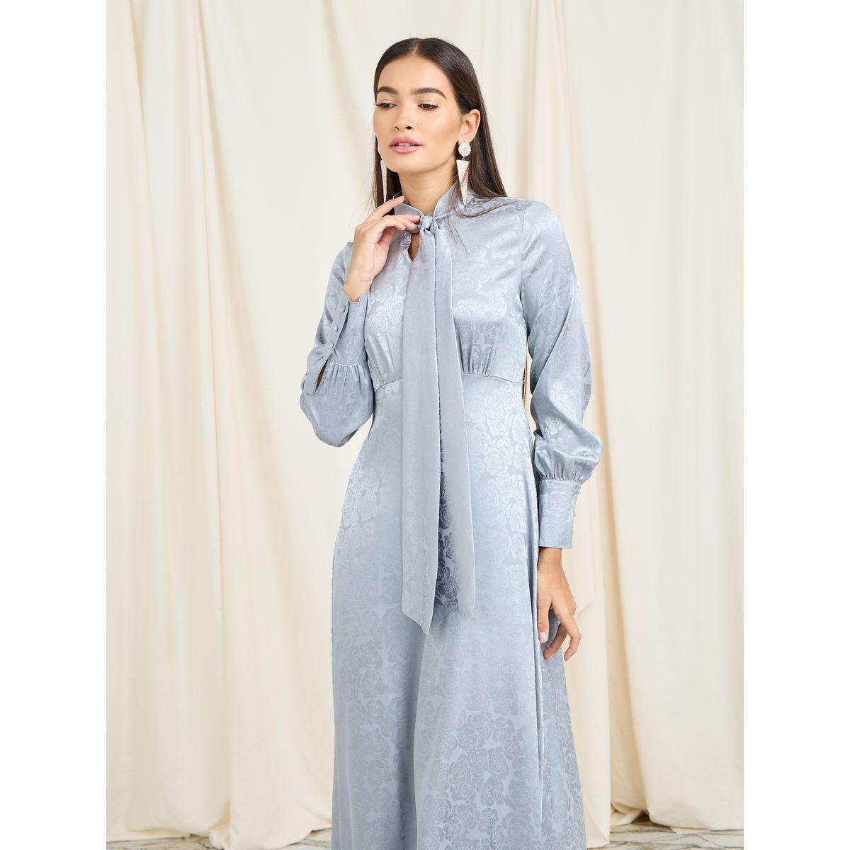 فستان طويل بطبعة جاكار وياقة بأربطة-women-clothing-dresses-image-2
