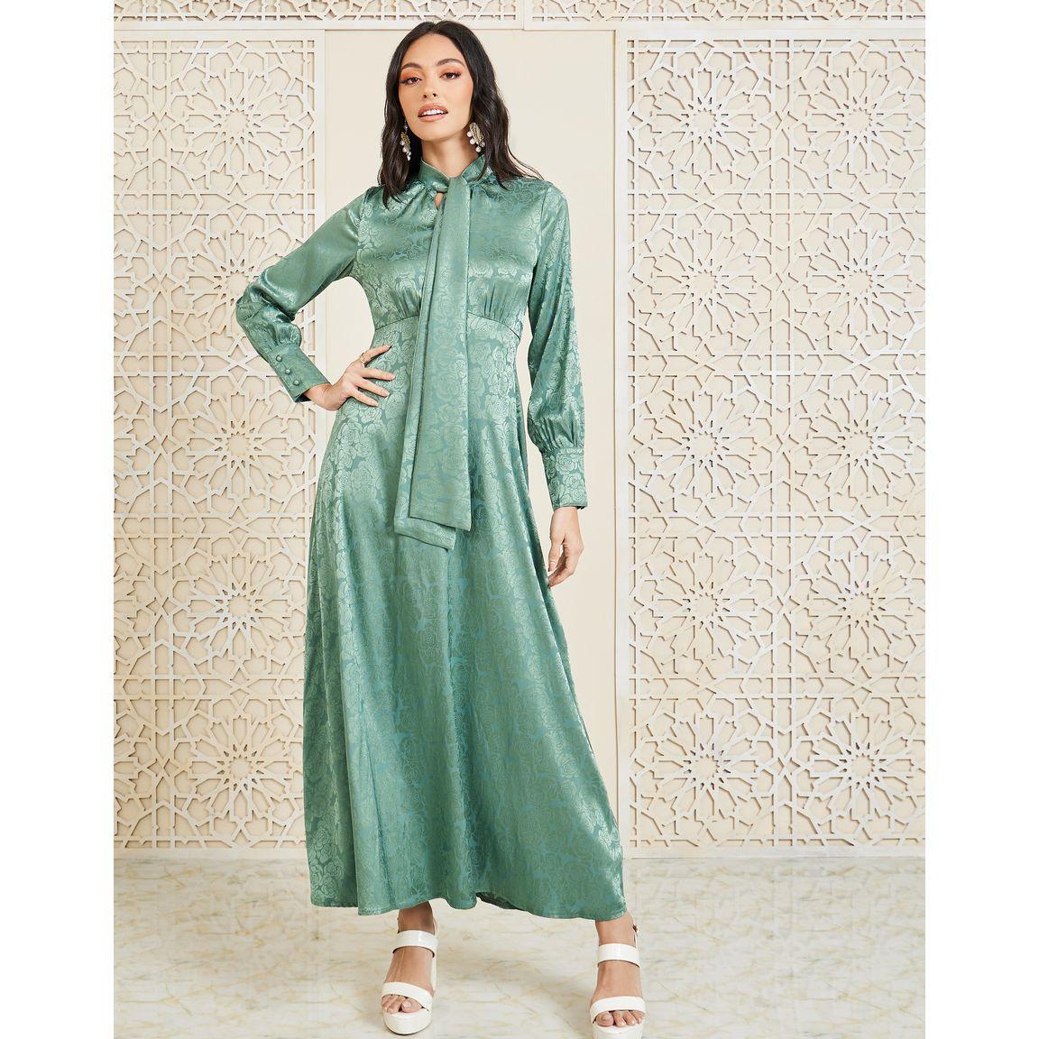 Styli Satin Floral Jacquard Print Tie Up Neck A-Line Maxi Dress-women-clothing-dresses-image-1