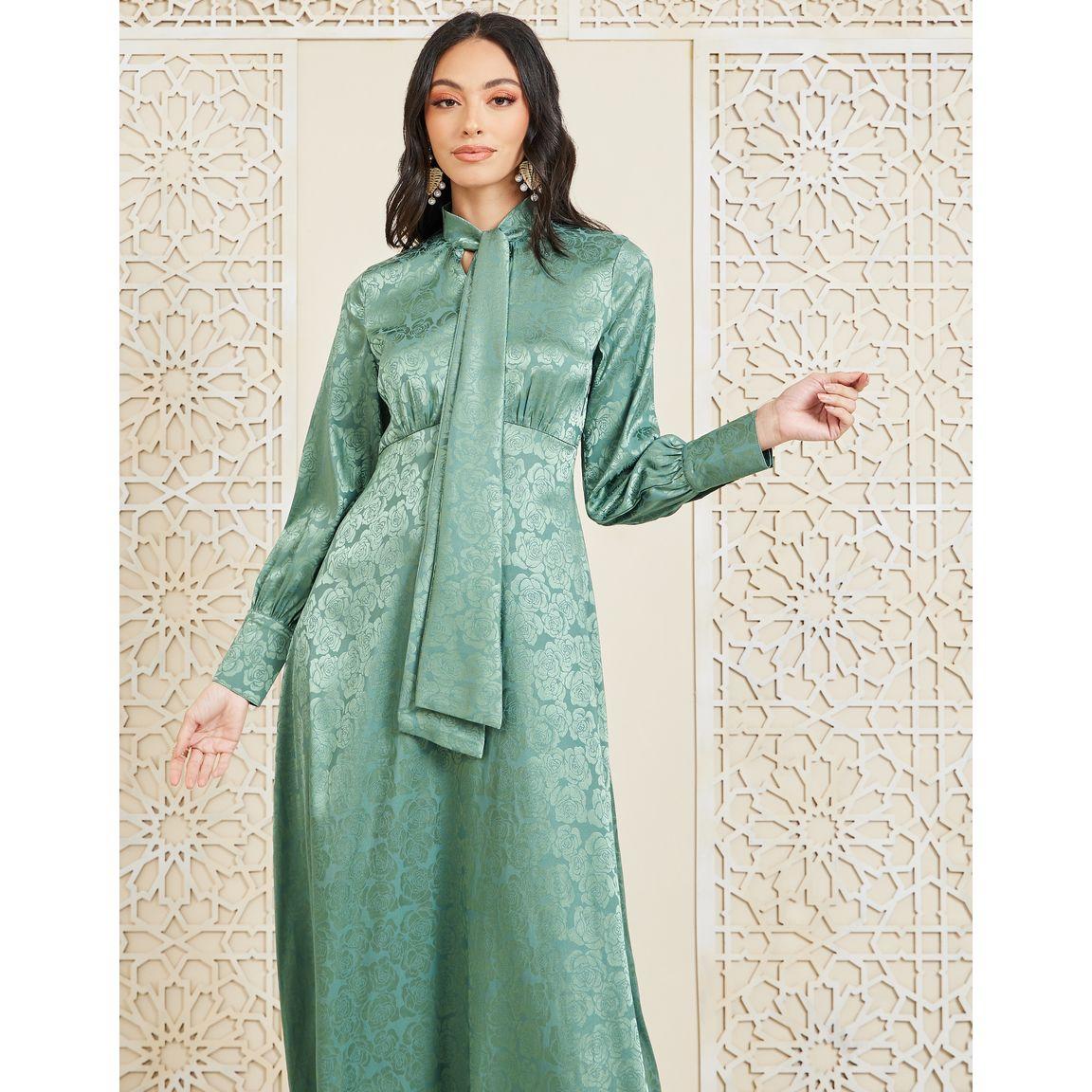 Styli Satin Floral Jacquard Print Tie Up Neck A-Line Maxi Dress-women-clothing-dresses-image-2