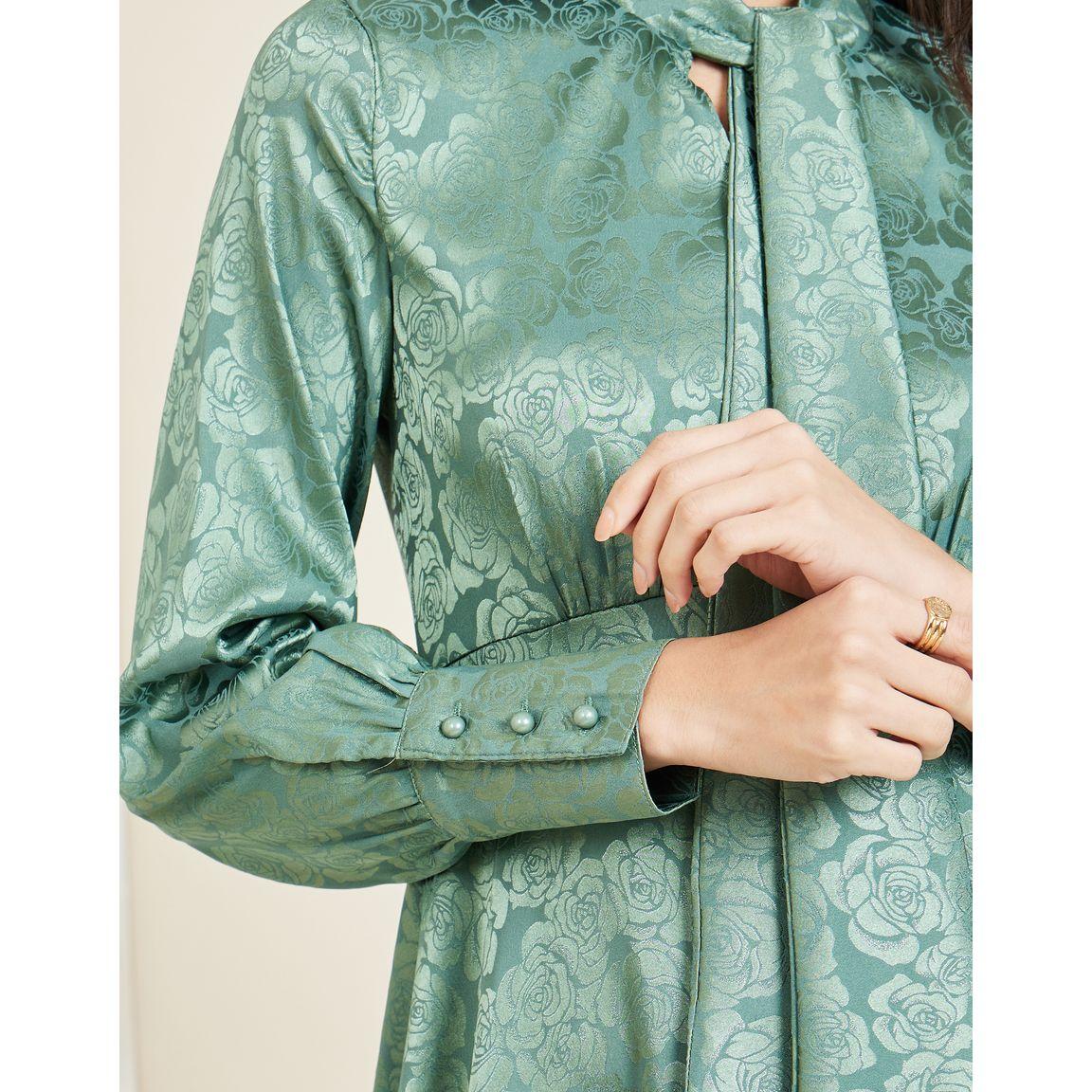 Styli Satin Floral Jacquard Print Tie Up Neck A-Line Maxi Dress-women-clothing-dresses-image-3
