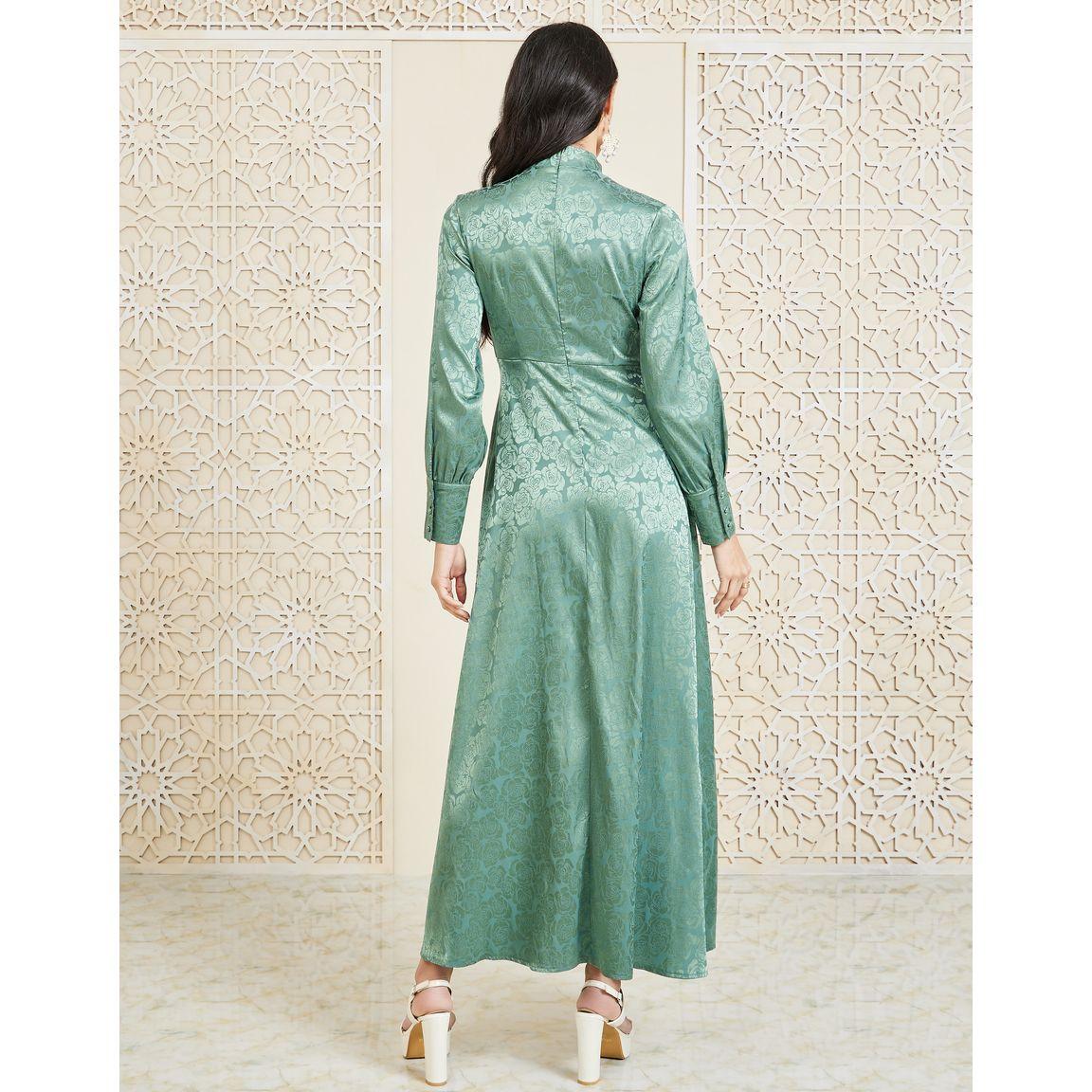 Styli Satin Floral Jacquard Print Tie Up Neck A-Line Maxi Dress-women-clothing-dresses-image-4