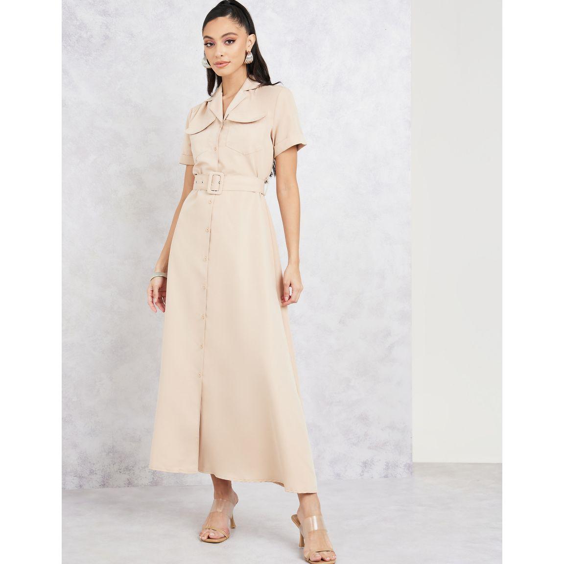Styli Belted Notch Neck A-Line Maxi Dress with Flap Pocket Detail-women-clothing-dresses-image-1