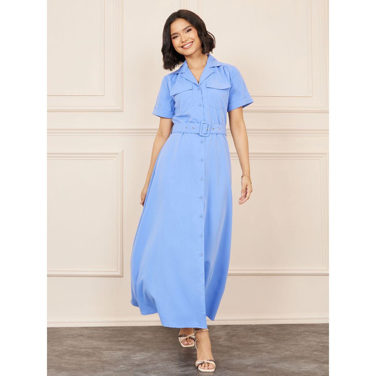 Styli Flap Pocket Detail Belted Shirt Maxi Dress-women-clothing-dresses-image-1