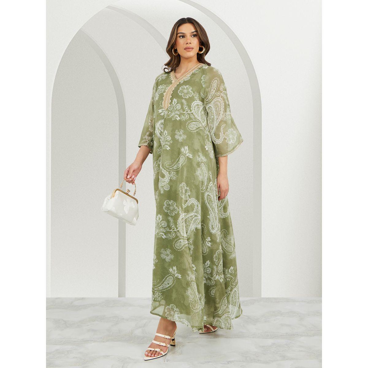 Styli Printed Flared Jalabiya with Lace Detail-women-arabicclothing-jalabiyas-image-1