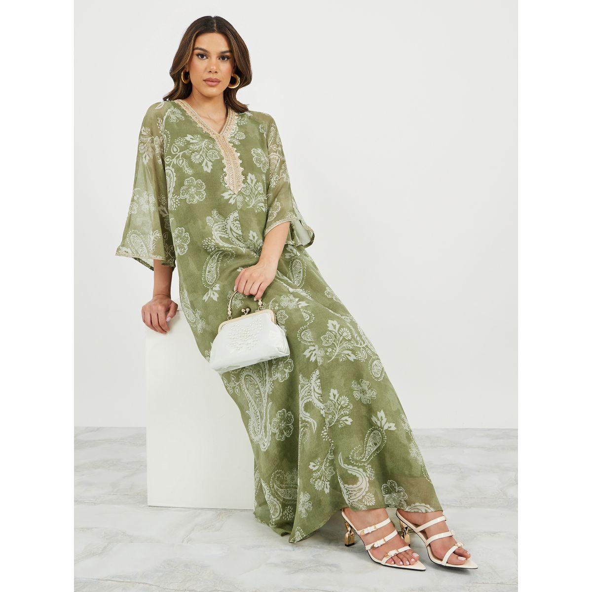 Styli Printed Flared Jalabiya with Lace Detail-women-arabicclothing-jalabiyas-image-2