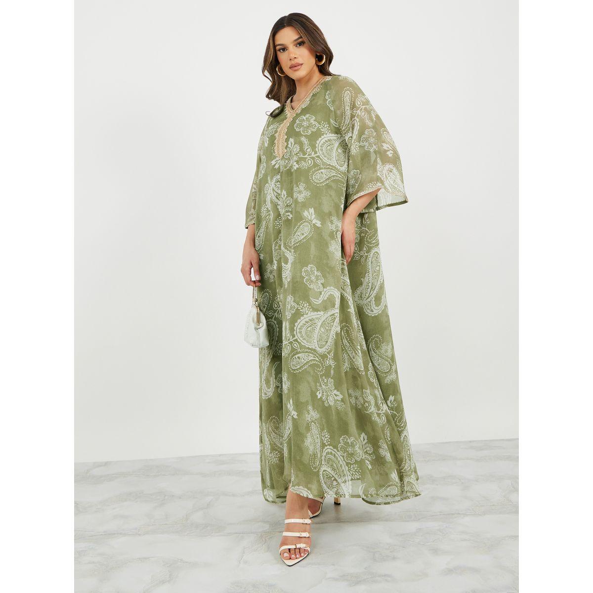 Styli Printed Flared Jalabiya with Lace Detail-women-arabicclothing-jalabiyas-image-3