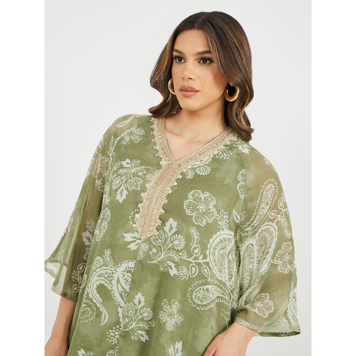 Styli Printed Flared Jalabiya with Lace Detail-women-arabicclothing-jalabiyas-image-5