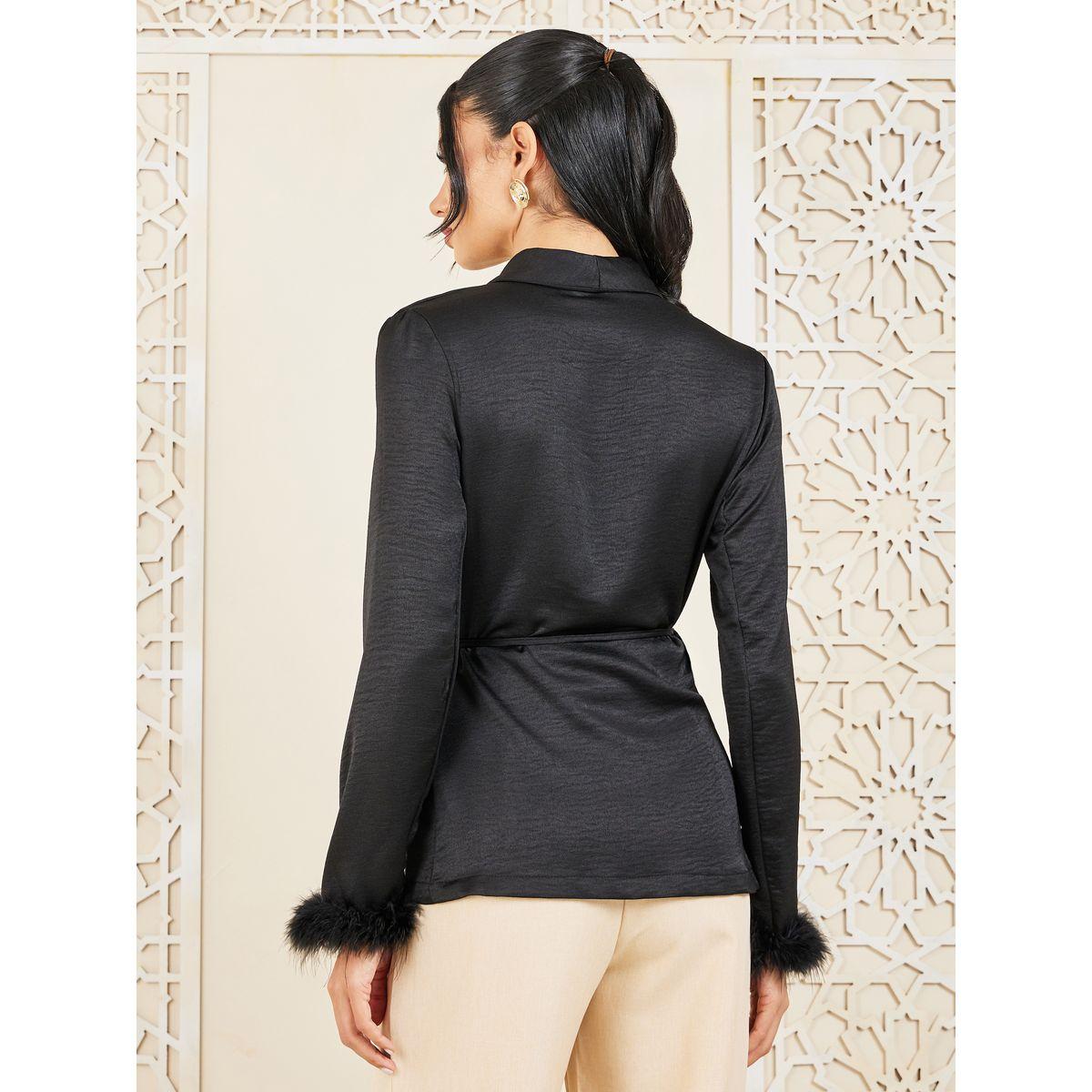 Styli Faux Feather Trim Lapel Neck Collar Wrap Top-women-clothing-shirtsandblouses-blouses-image-4