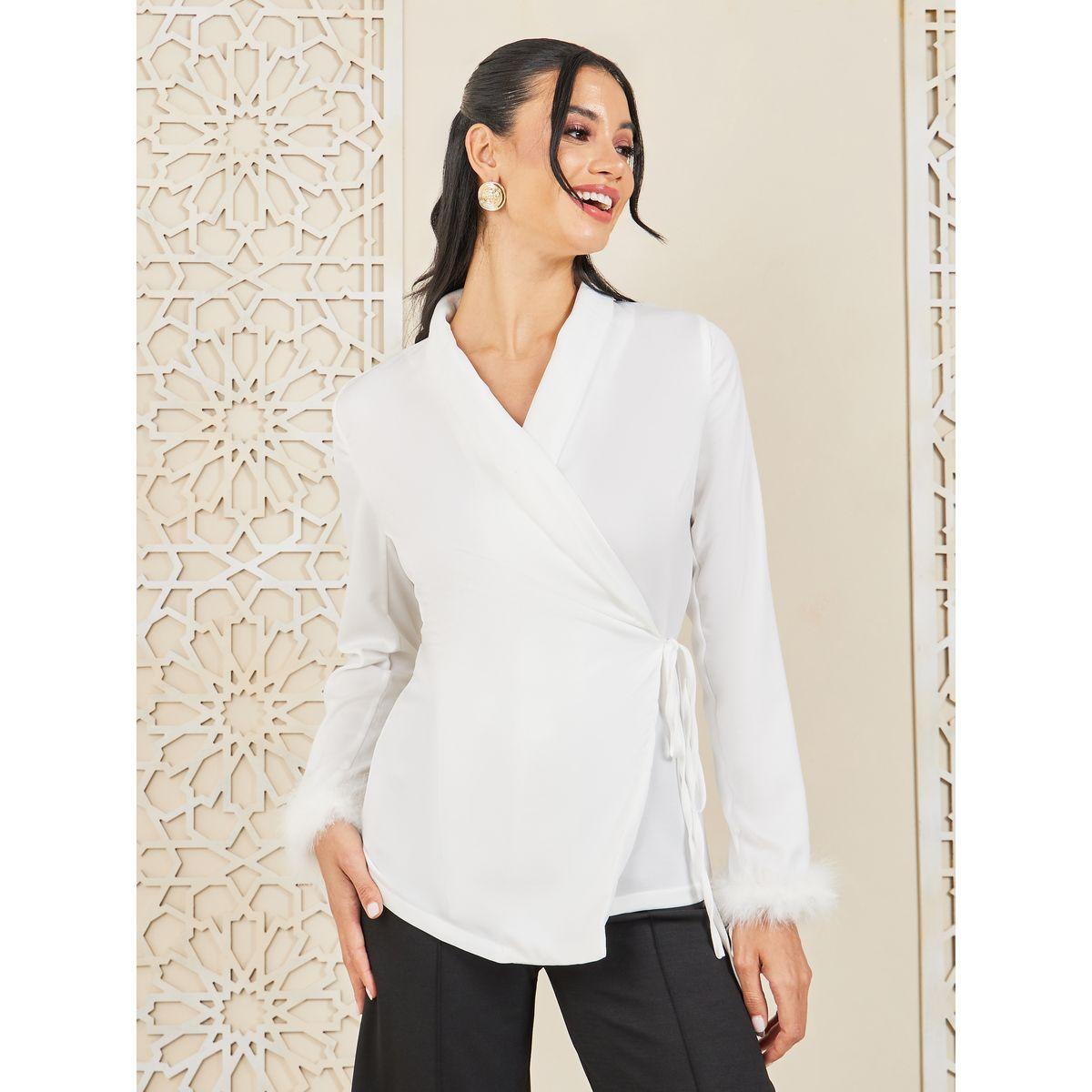بلوزة بنمط لف ومزينة بريش صناعي-women-clothing-shirtsandblouses-blouses-image-1