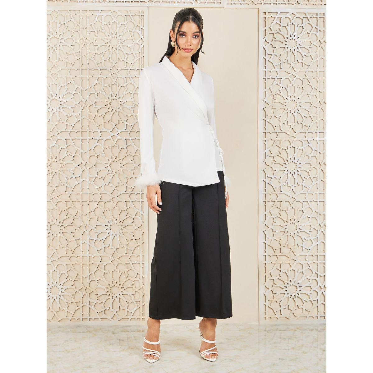 بلوزة بنمط لف ومزينة بريش صناعي-women-clothing-shirtsandblouses-blouses-image-2