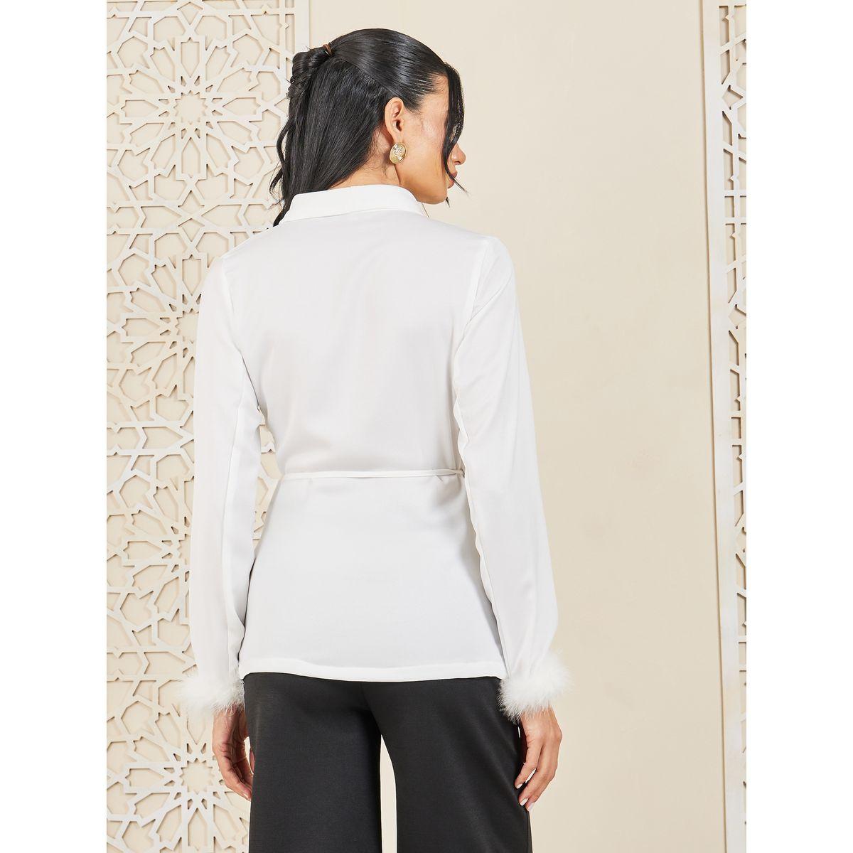 بلوزة بنمط لف ومزينة بريش صناعي-women-clothing-shirtsandblouses-blouses-image-4