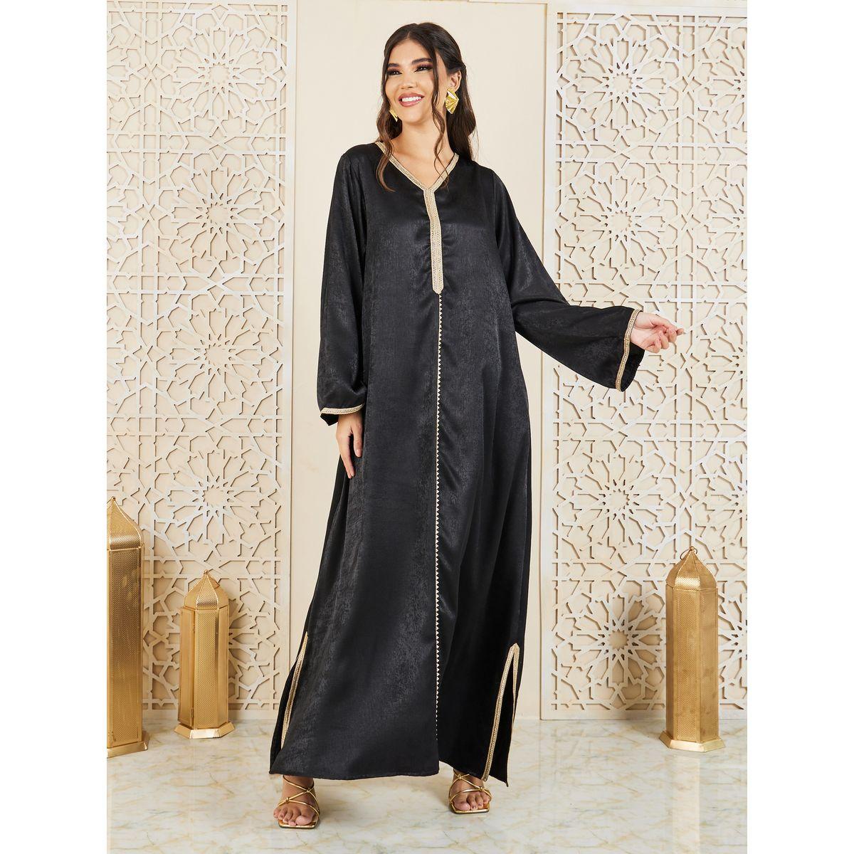 Styli Embroidered Lace Trim Jalabiya with Side Slits-women-arabicclothing-jalabiyas-image-1