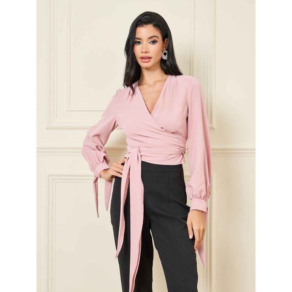 Styli Solid V Neck Crop Wrap Top-women-clothing-shirtsandblouses-blouses-image-1