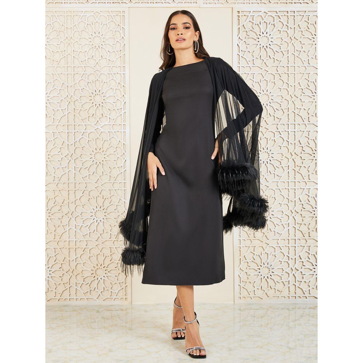 Styli Faux Fur Trim Cape Sleeves Shift Mid Dress-women-clothing-dresses-image-1