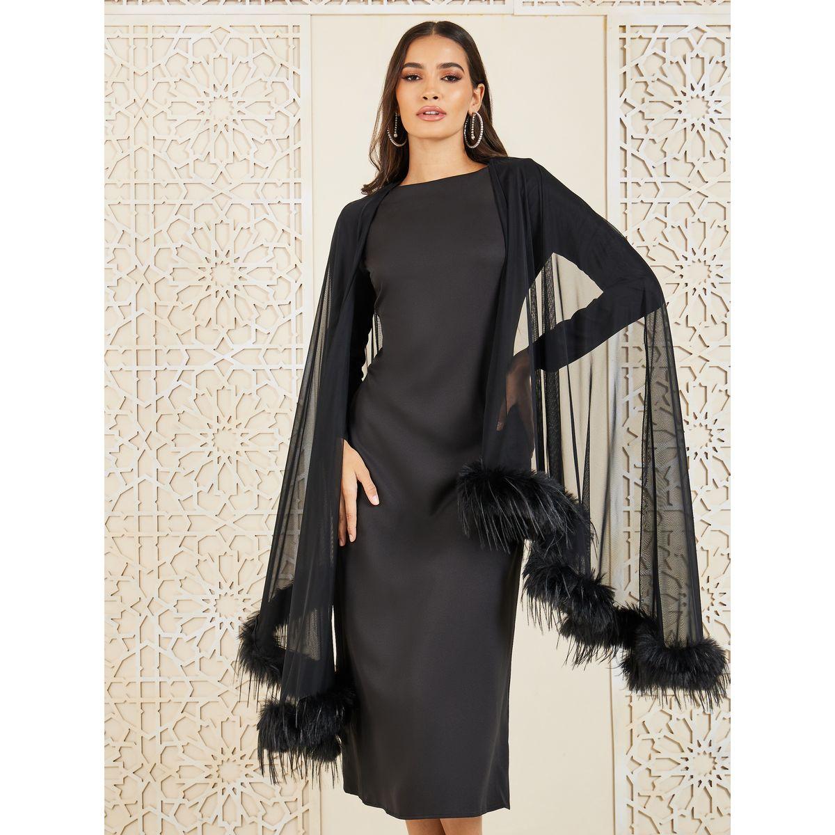 Styli Faux Fur Trim Cape Sleeves Shift Mid Dress-women-clothing-dresses-image-2