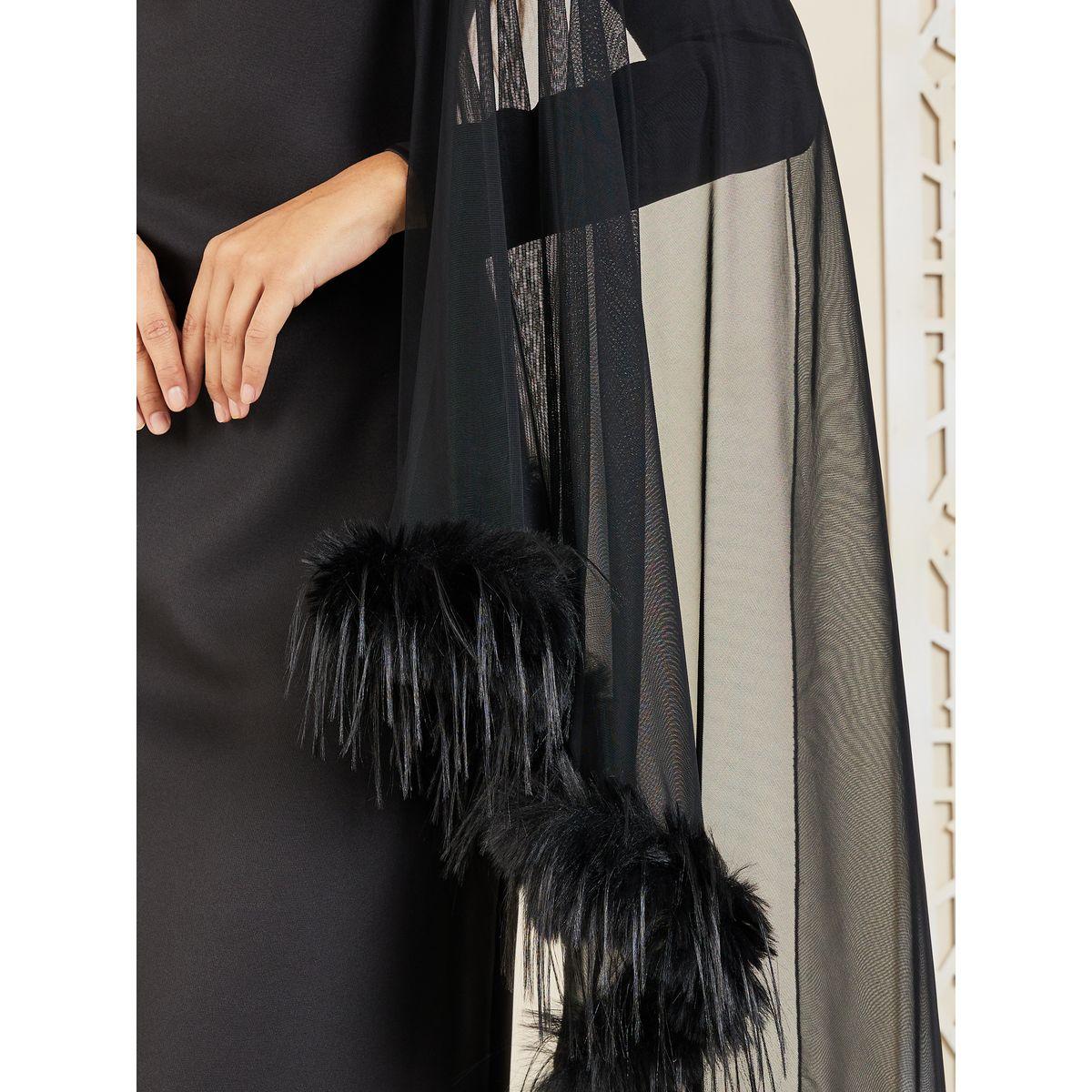 Styli Faux Fur Trim Cape Sleeves Shift Mid Dress-women-clothing-dresses-image-3