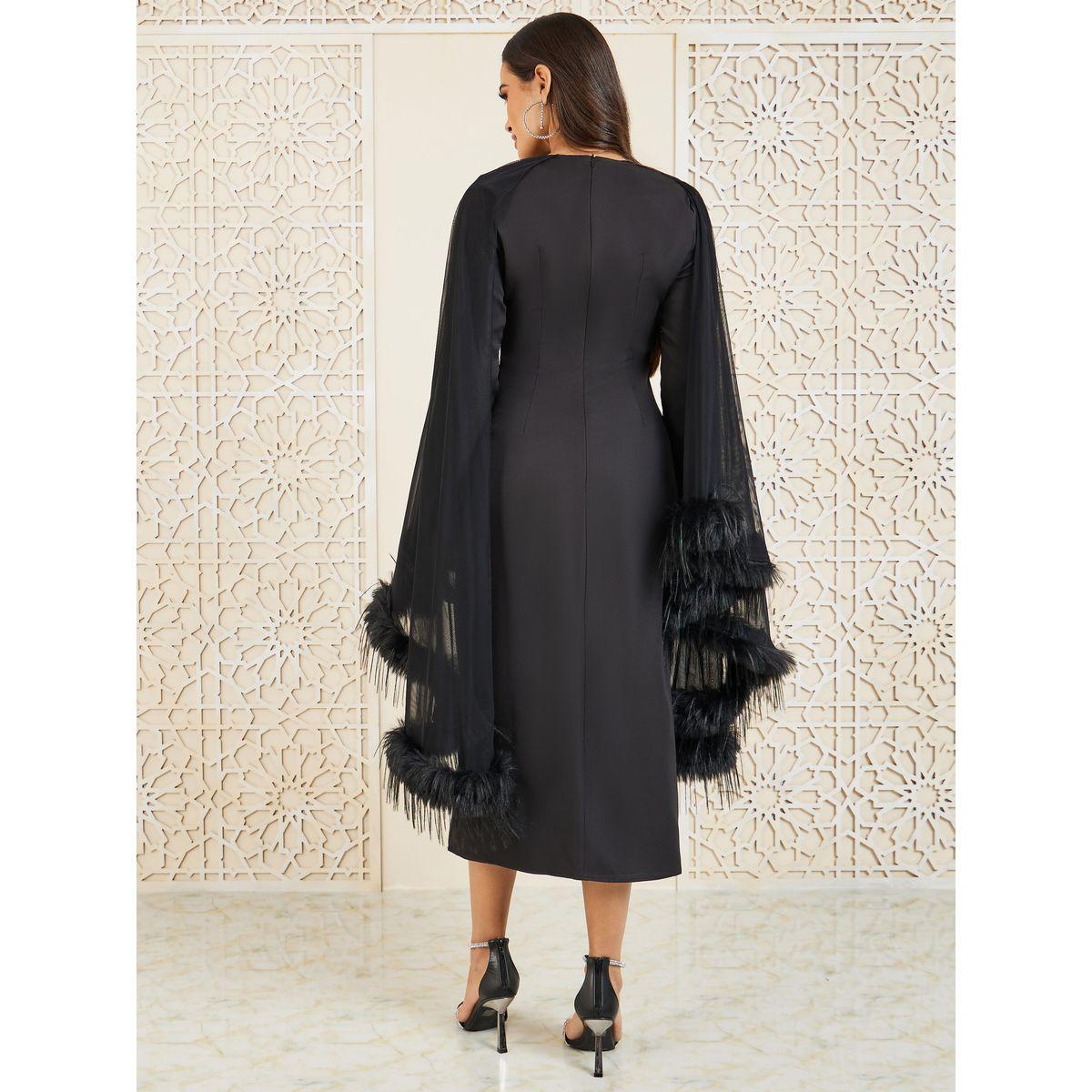 Styli Faux Fur Trim Cape Sleeves Shift Mid Dress-women-clothing-dresses-image-4
