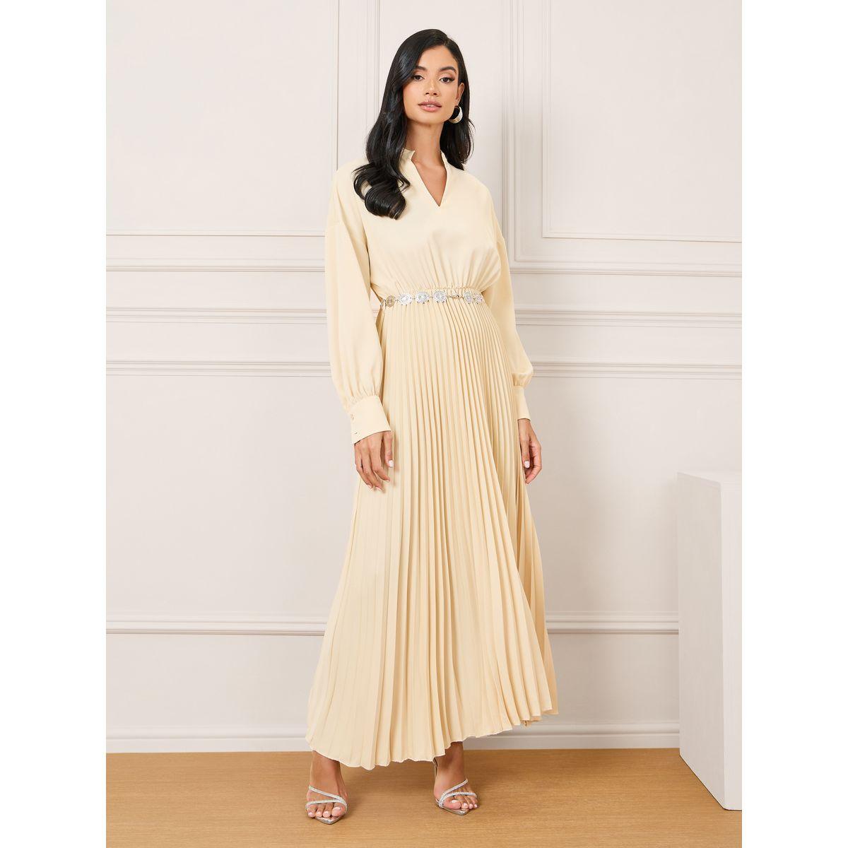 Styli Pleated Notch Neck A-Line Maxi Dress-women-clothing-dresses-image-1
