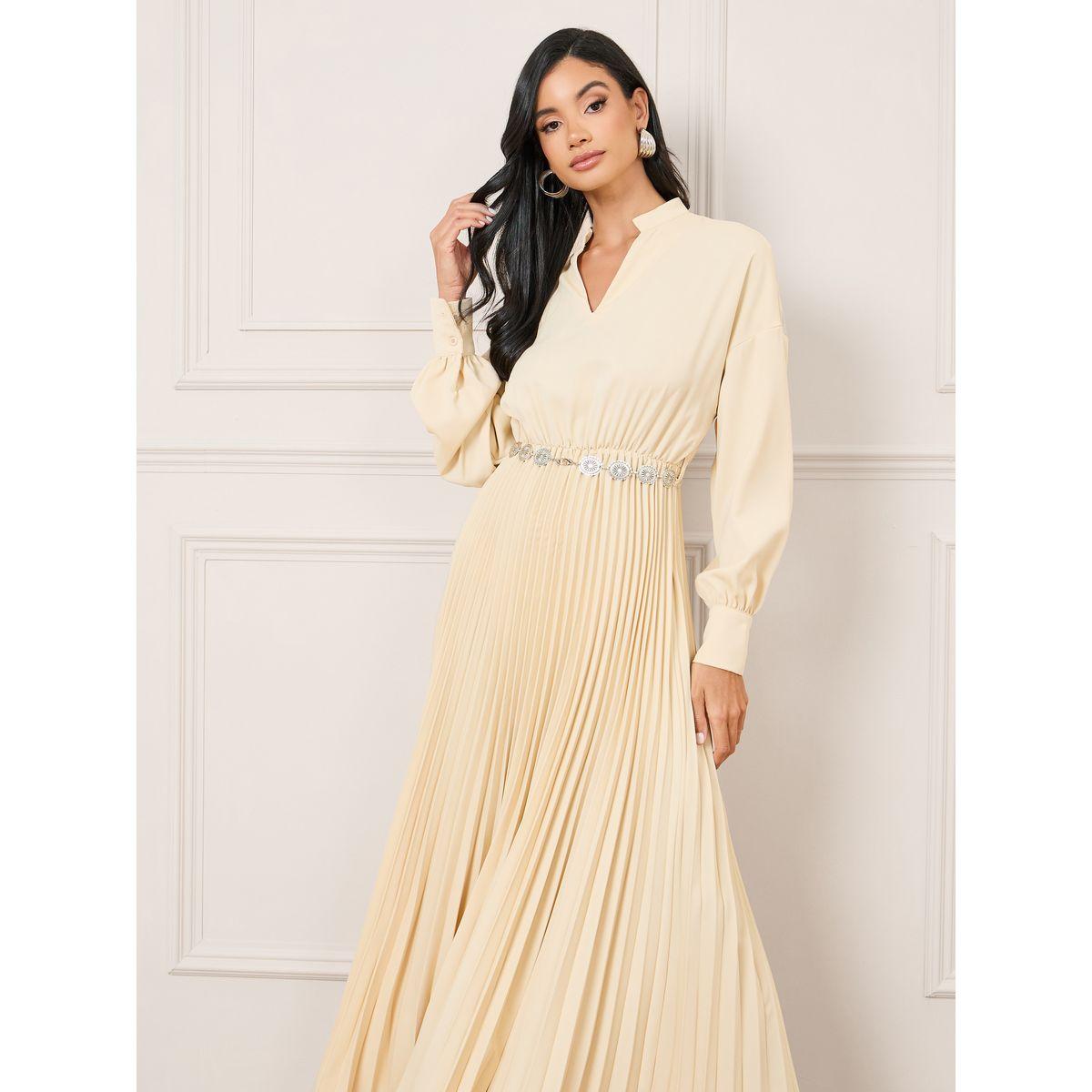 فستان طويل سادة مع ياقة بصدر مزدوج-women-clothing-dresses-image-2