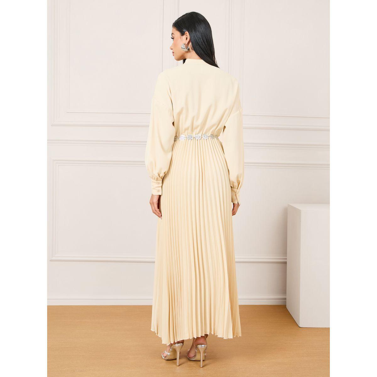 فستان طويل سادة مع ياقة بصدر مزدوج-women-clothing-dresses-image-3