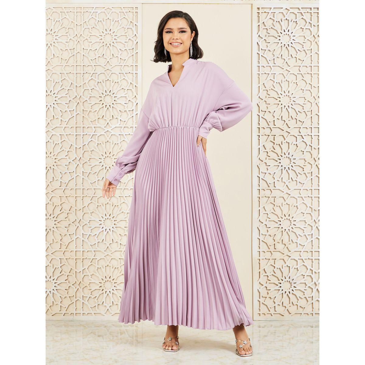 فستان طويل بحافة واسعة وكسرات-women-clothing-dresses-image-1