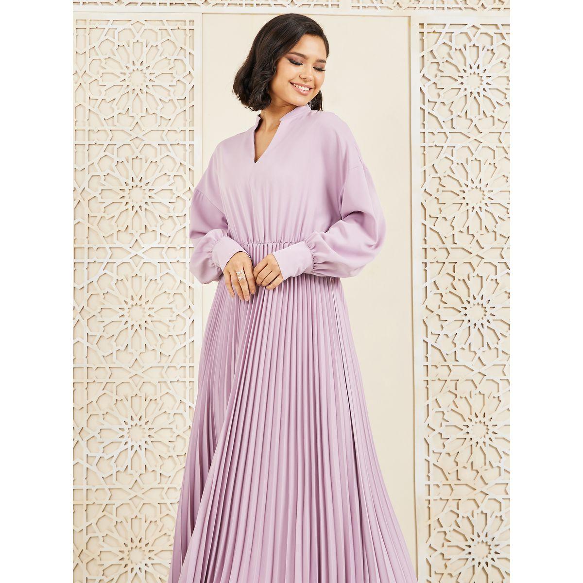 Styli Accordion Pleated Notch Neck A-Line Maxi Dress-women-clothing-dresses-image-2