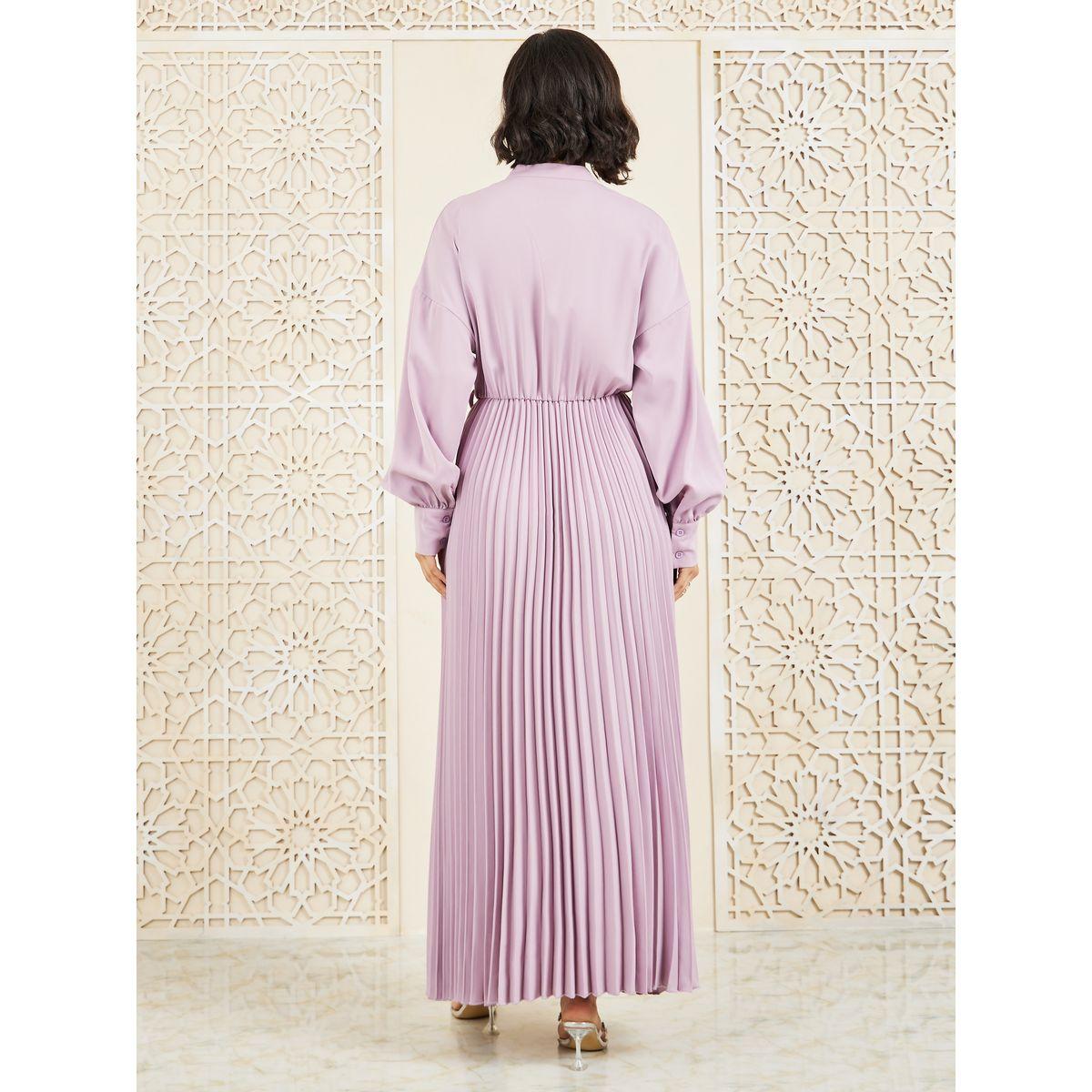 Styli Accordion Pleated Notch Neck A-Line Maxi Dress-women-clothing-dresses-image-4
