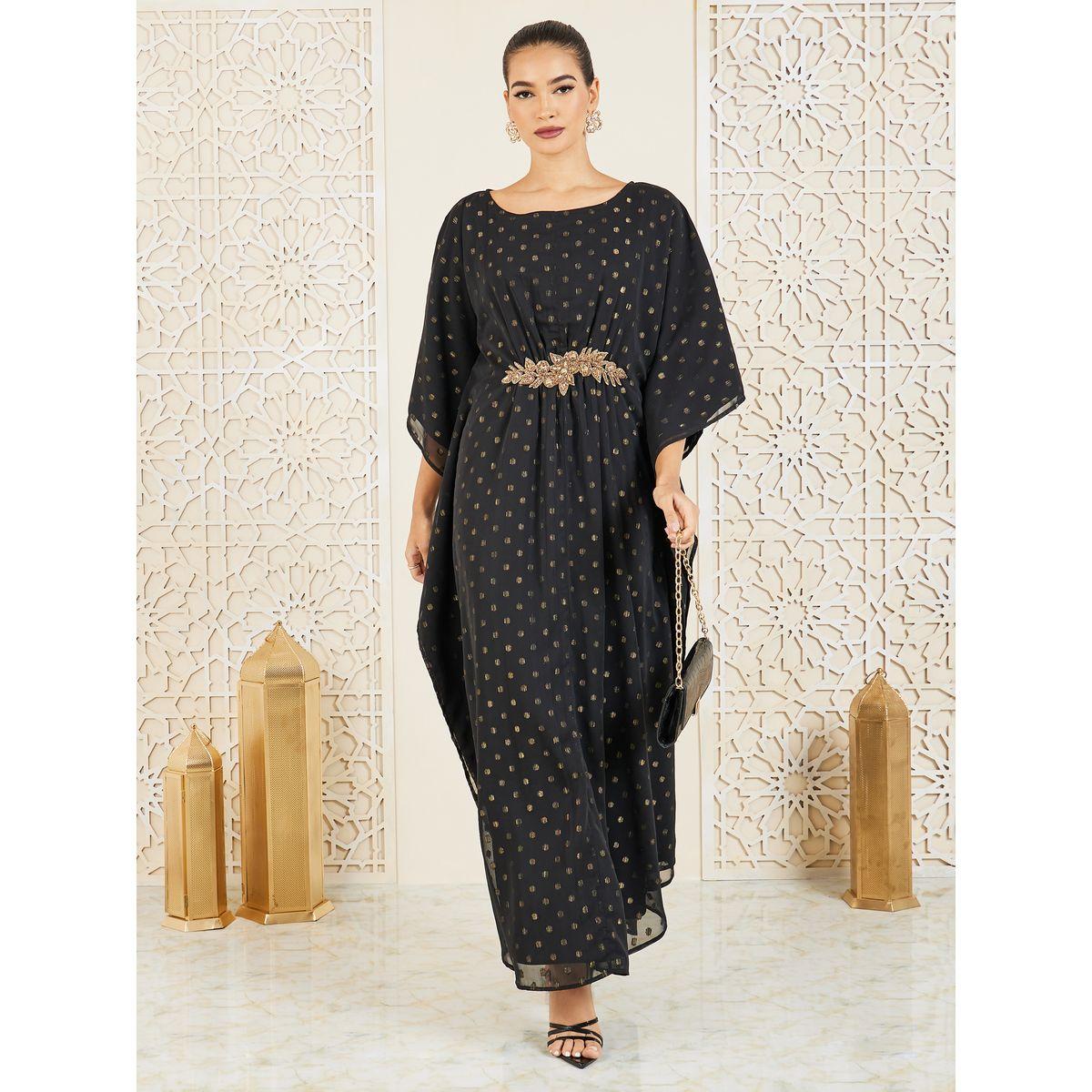 Styli Lurex Spot Embellished Brooch Kaftan-women-arabicclothing-kaftan-image-1