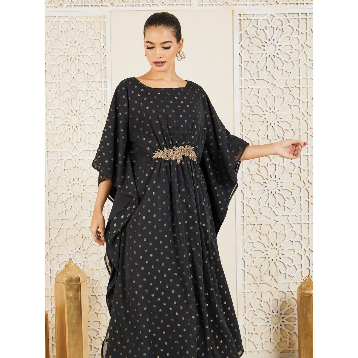 Styli Lurex Spot Embellished Brooch Kaftan-women-arabicclothing-kaftan-image-2