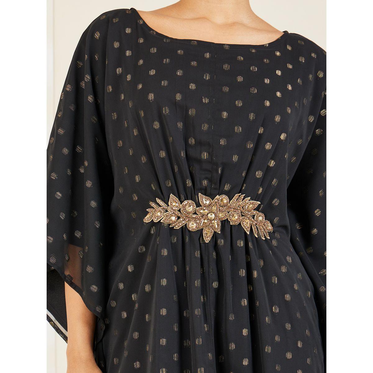 Styli Lurex Spot Embellished Brooch Kaftan-women-arabicclothing-kaftan-image-3