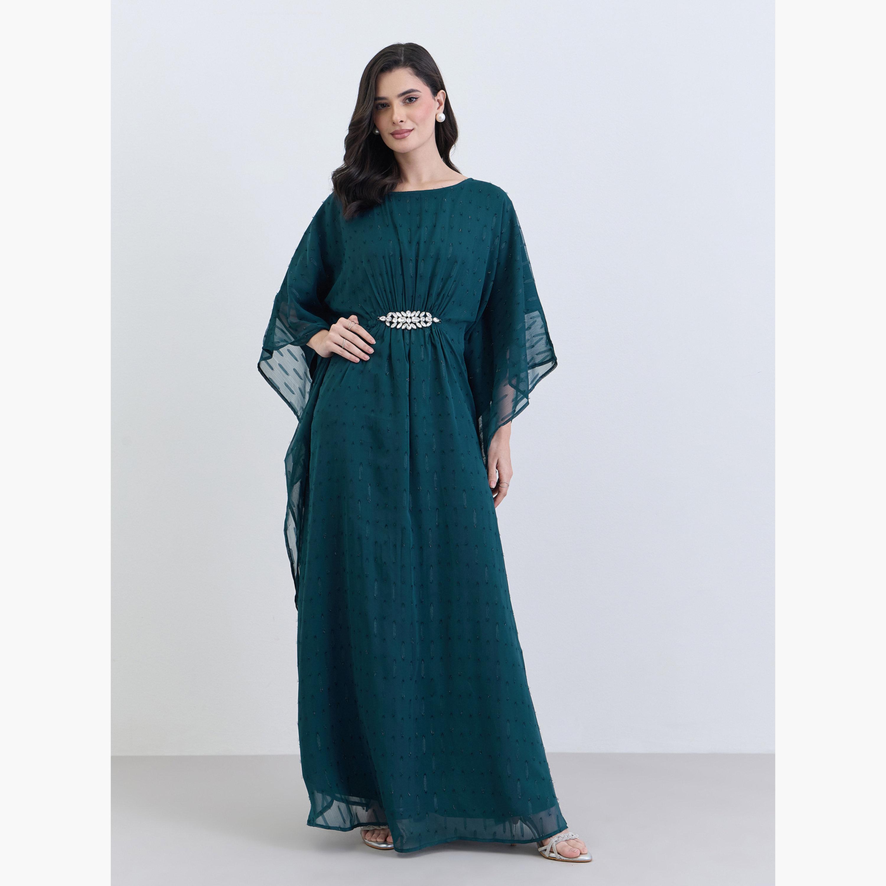 Styli Women Teal Chiffon Embellished Kaftan Maxi Dress-women-arabicclothing-kaftan-image-1