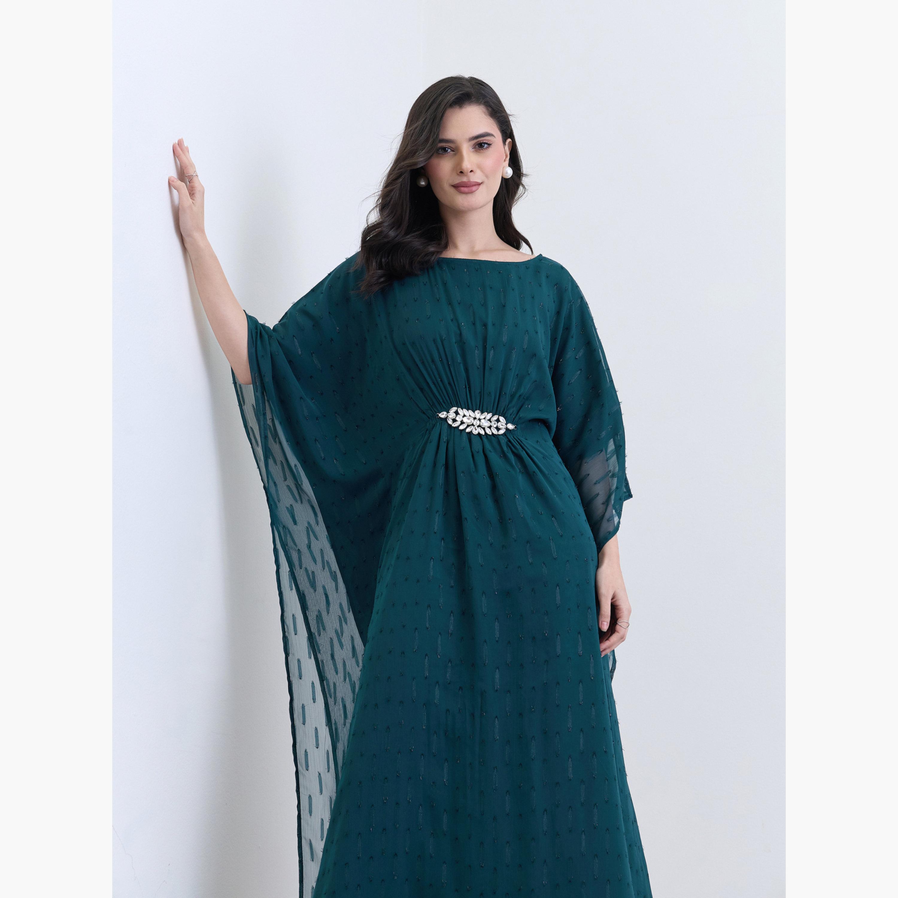 Styli Women Teal Chiffon Embellished Kaftan Maxi Dress-women-arabicclothing-kaftan-image-3