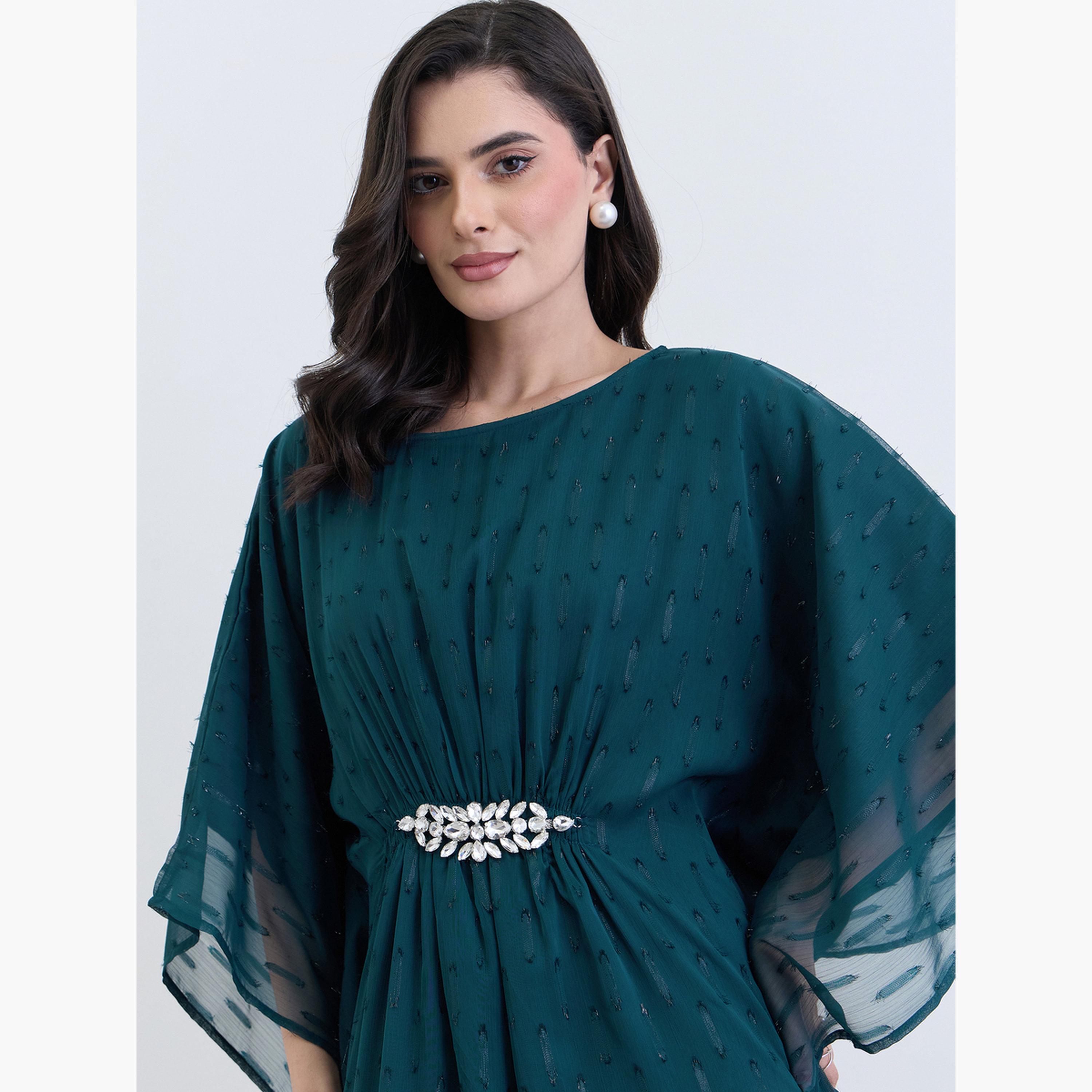 Styli Women Teal Chiffon Embellished Kaftan Maxi Dress-women-arabicclothing-kaftan-image-4